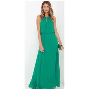 Halter neck  Green Maxi Pleated Dress with gold neck accents size 2